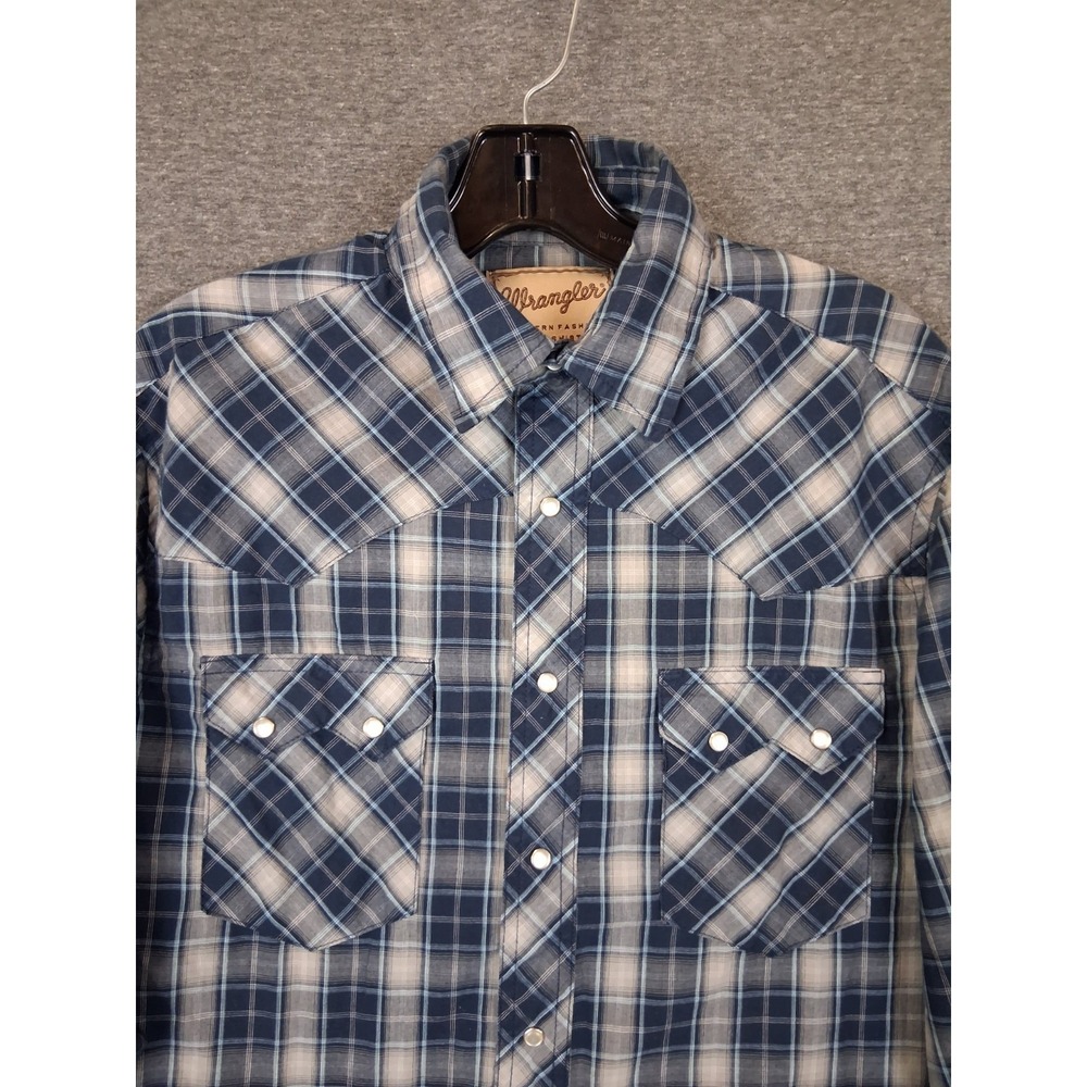 Wrangler Mens Shirt M Blue Plaid Pearl Snap Sawtooth Western Dress Dance